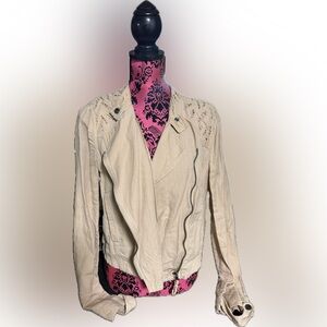 FREE PEOPLE LASER CUT MOTO JACKET | Size 12 | Boho Biker Beige